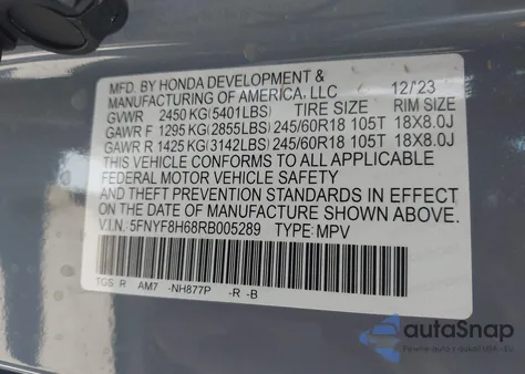 2024 Honda Passport Awd Trailsport из США, поврежденный, VIN 5FNYF8H68RB005289